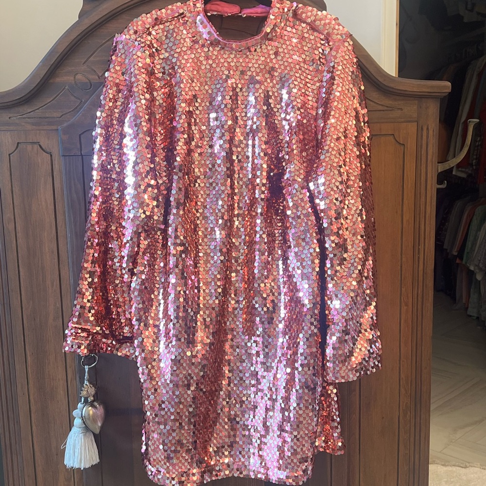Anthropologie Pink Sequin Long Sleeve Shift Dress
